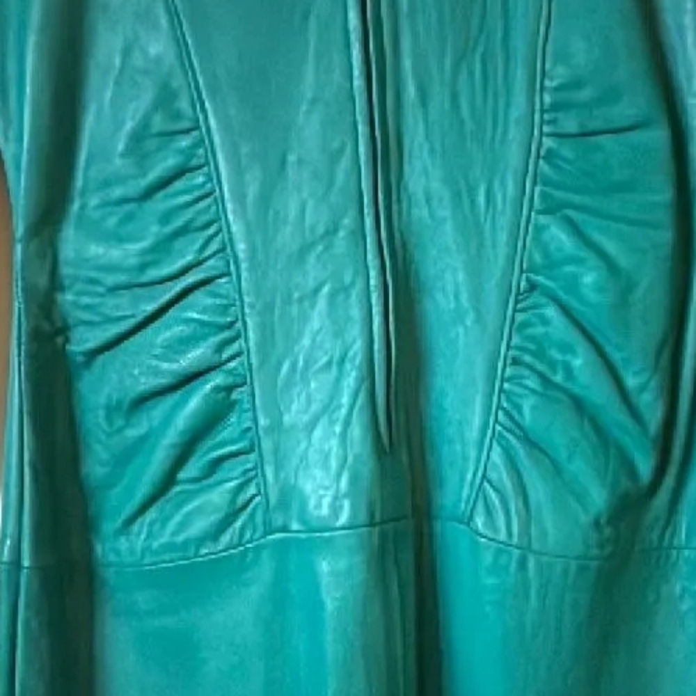 VINTAGE 80s TEAL GREEN LEATHER KNEE LENGTH DRESS WOMENS SMALL - Picture 5 of 6